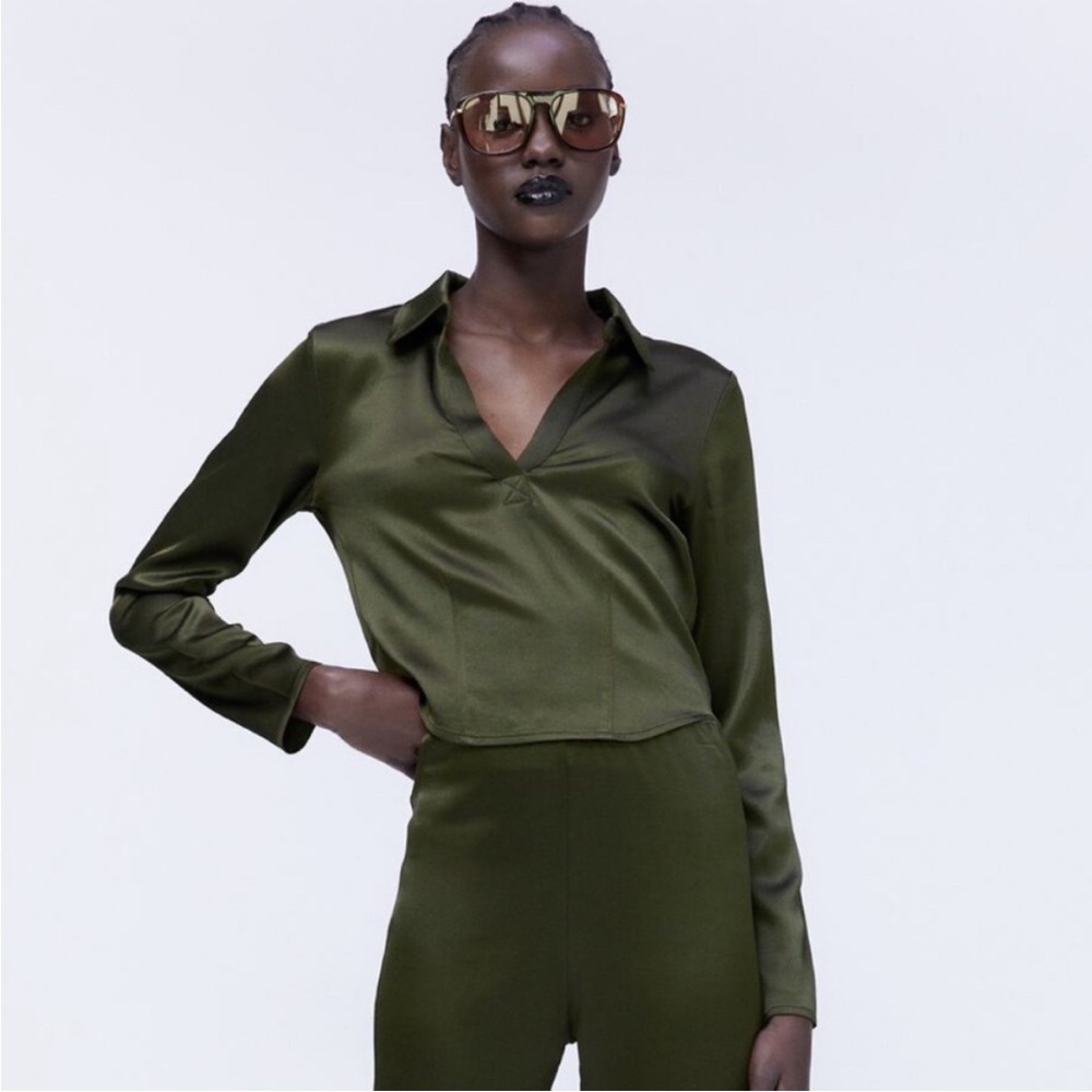 Zara Olive Green Satin Blouse